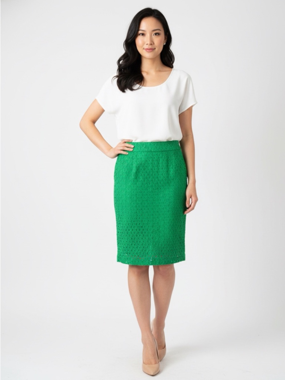Talbots Green Eyelet Pencil Skirt